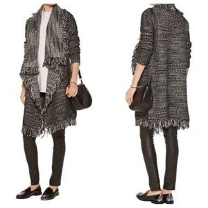 Vince Frayed Edge Drape Neck Long Cardigan Black White Tweed Sz XS MSRP $595